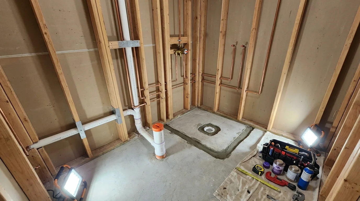 Bathroom rough-in plumbing during remodel by Johns Plumbing LLC in Middle Island