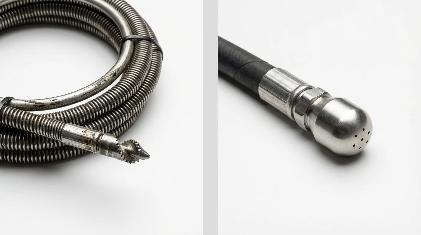 Drain snake cable and hydro jetting nozzle used for drain cleaning in Middle Island, NY