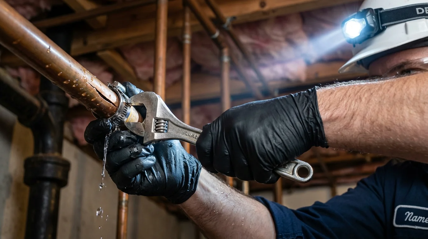 Emergency pipe clamp repair being performed by a Johns Plumbing LLC plumber in Middle Island