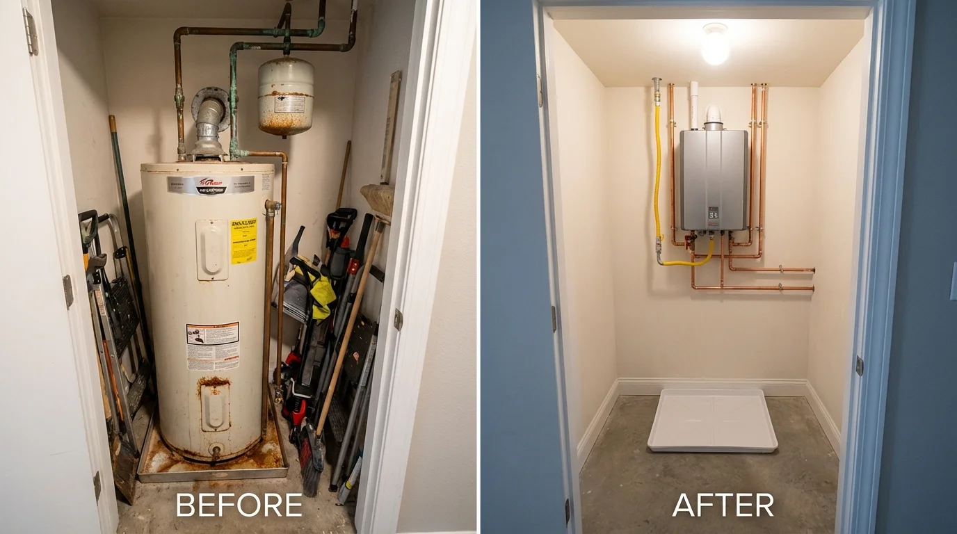 Tank water heater versus wall-mounted tankless unit comparison for Middle Island, NY homeowners
