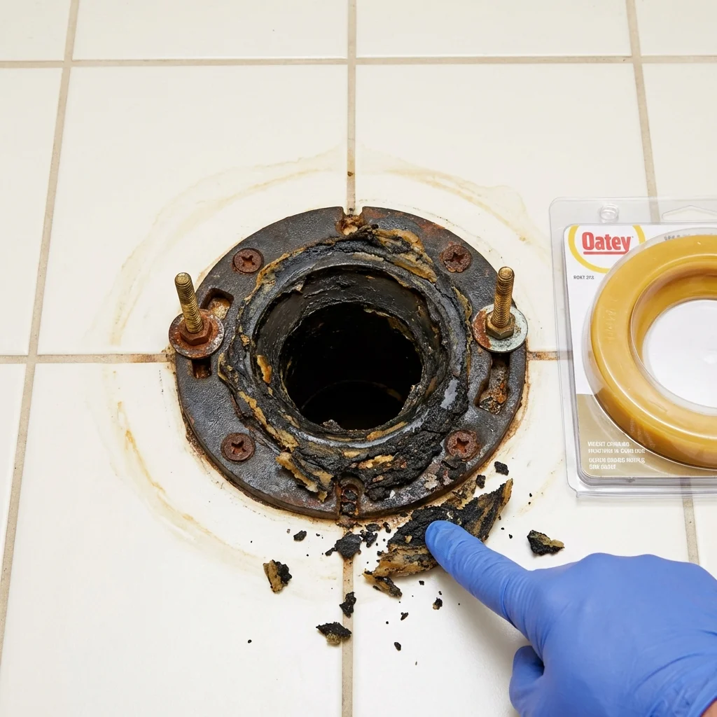 Failed wax ring showing water seepage at the base of a toilet in a Middle Island, NY home