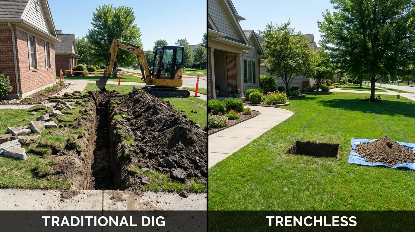 Trenchless sewer repair with minimal yard damage versus traditional excavation in Middle Island, NY