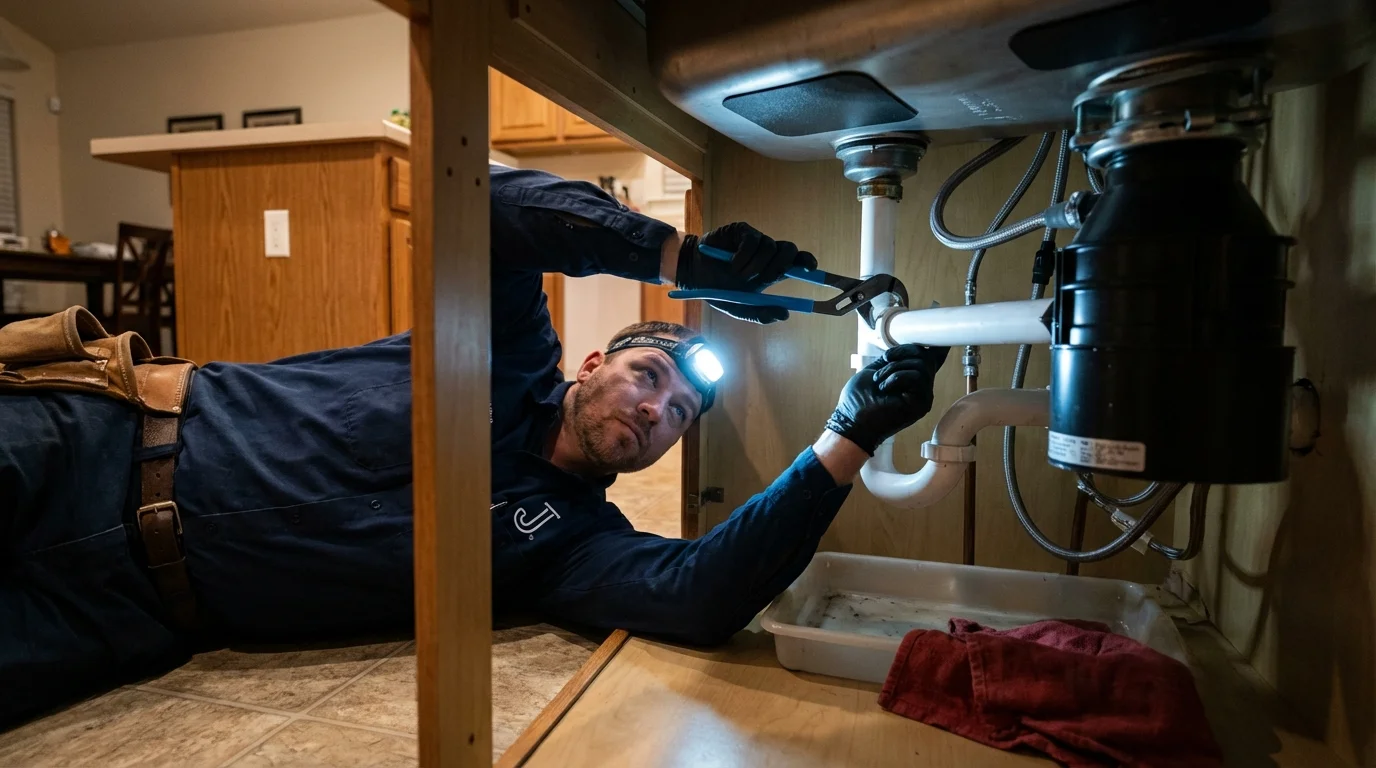 P-trap and supply line connections under a kitchen sink showing a common leak point in Middle Island, NY